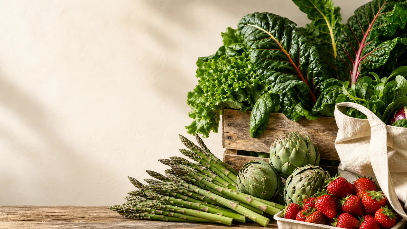 Fresh vegetables arranged in wooden market crates