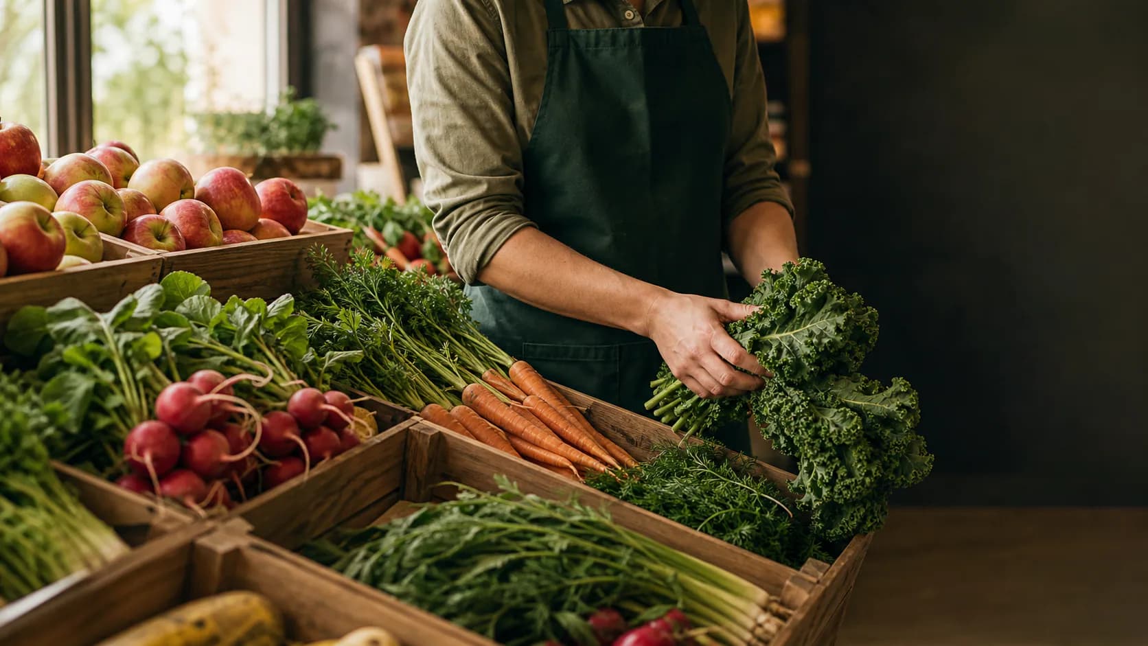A local grocery operator arranging fresh produce